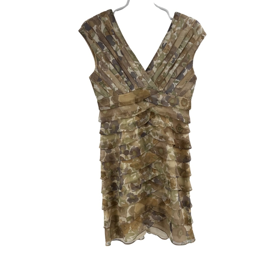 Spiegel Backless Dress tan cream Pintuck V-neck and back ruffles 8 neutral